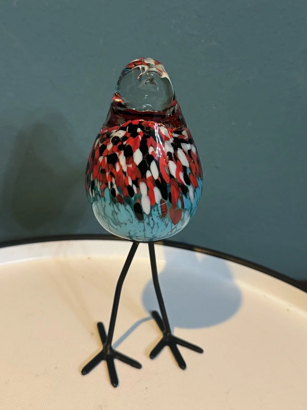 Handblown Multicolor Glass Bird Figurine with black metal legs, 7” tall